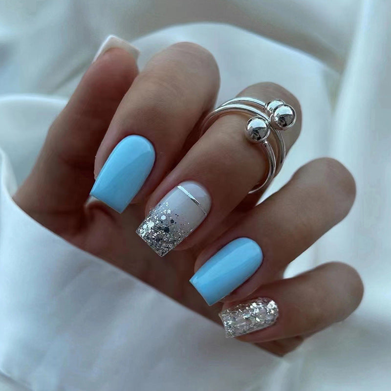 heno Intermedio prioridad Short Square Baby Blue Silver Glitter Elegant Press On Nail Set – auraxnail