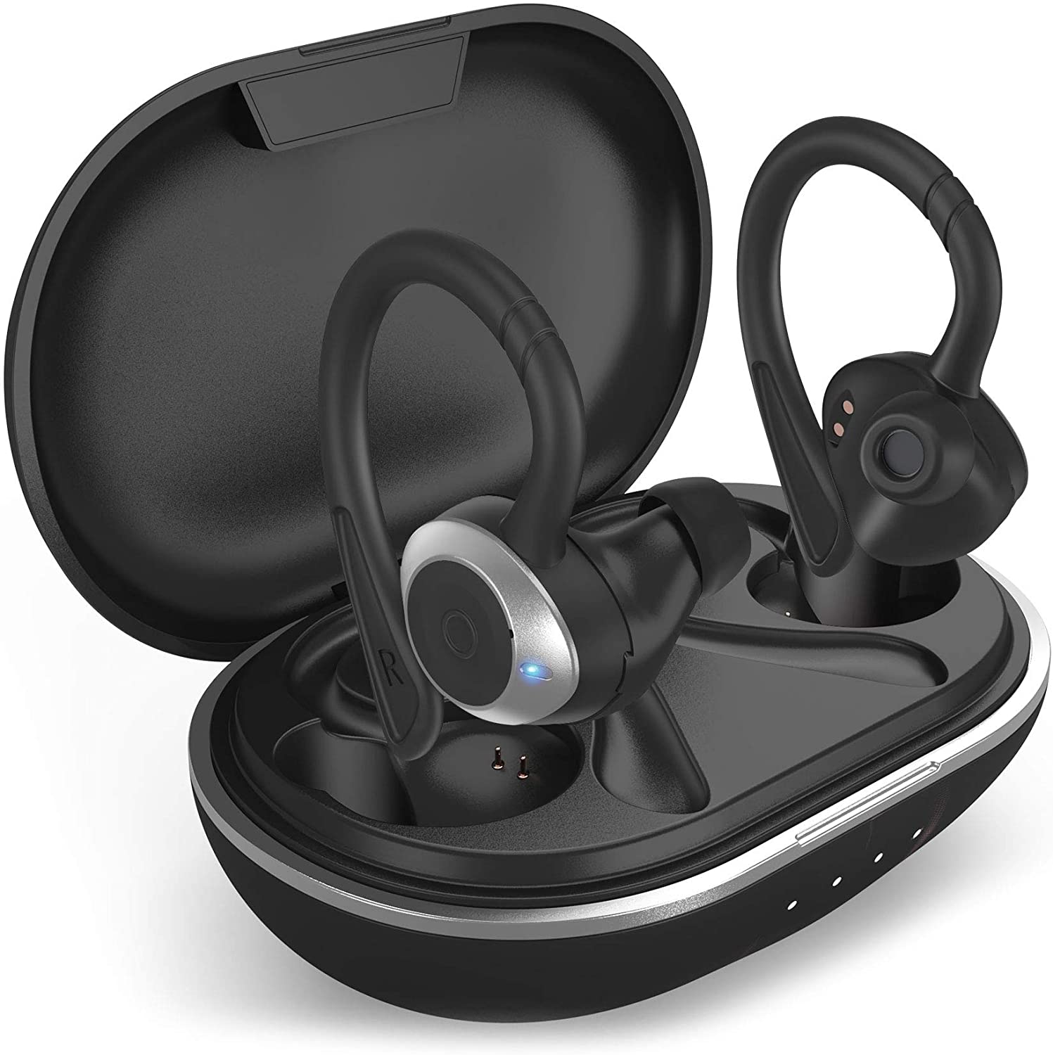 Black in-Ear Headphones Waterproof for Sport/Work Immersive Bass Sound Mic Wireless Earbuds Bluetooth 5.0 Earphones with Charging Case 24Hrs Playtime Headsets Compatible with iPhone/Android/PC