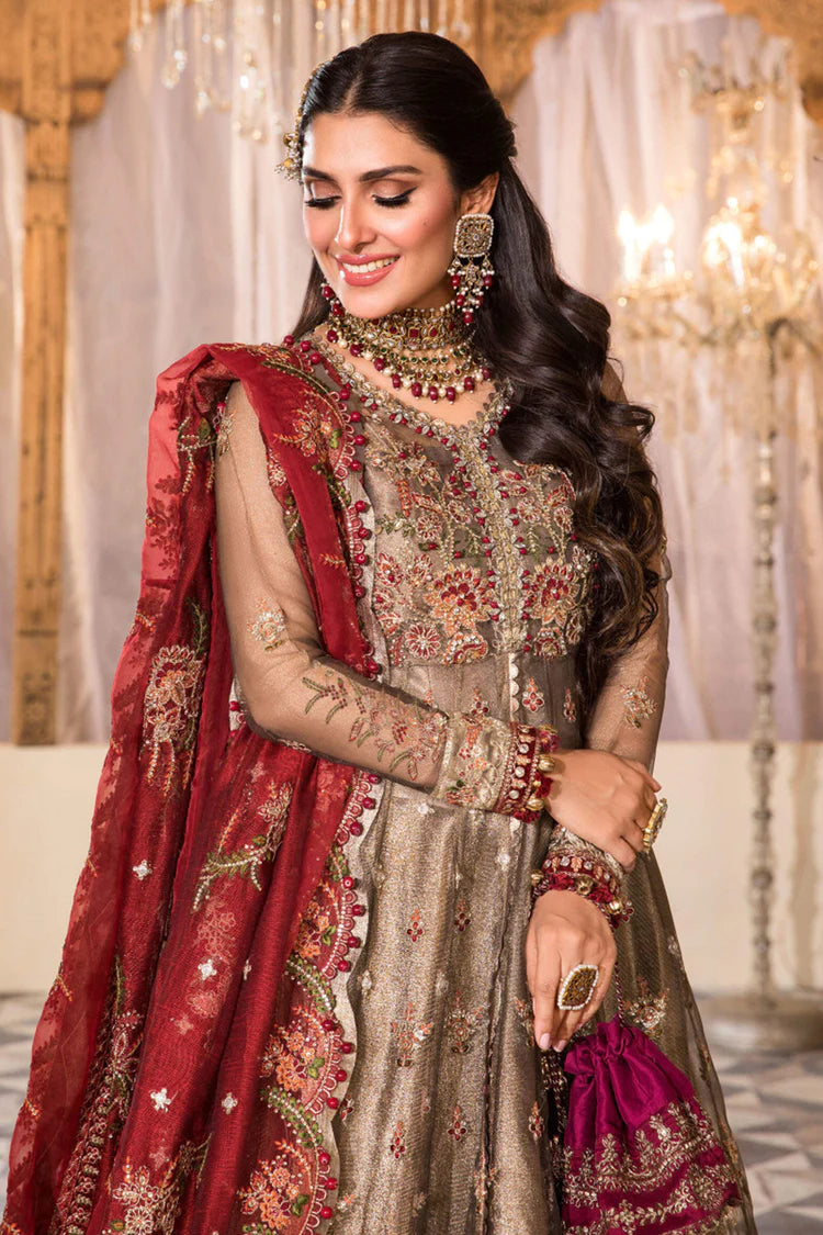 3pc Copper & Red Embroidered Net - Unstitched Anarkali Suit - T129