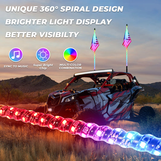 2PCS 3/4/5/6FT Whip Lights, Spiral RGB, 300 Colors, 178 Modes