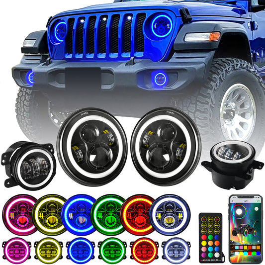 7 inch RGB Halo LED Headlights + 4 inch Fog Lights Bluetooth & IR Controlled Compatible with 1997-2018 Jeep Wrangler TJ JK