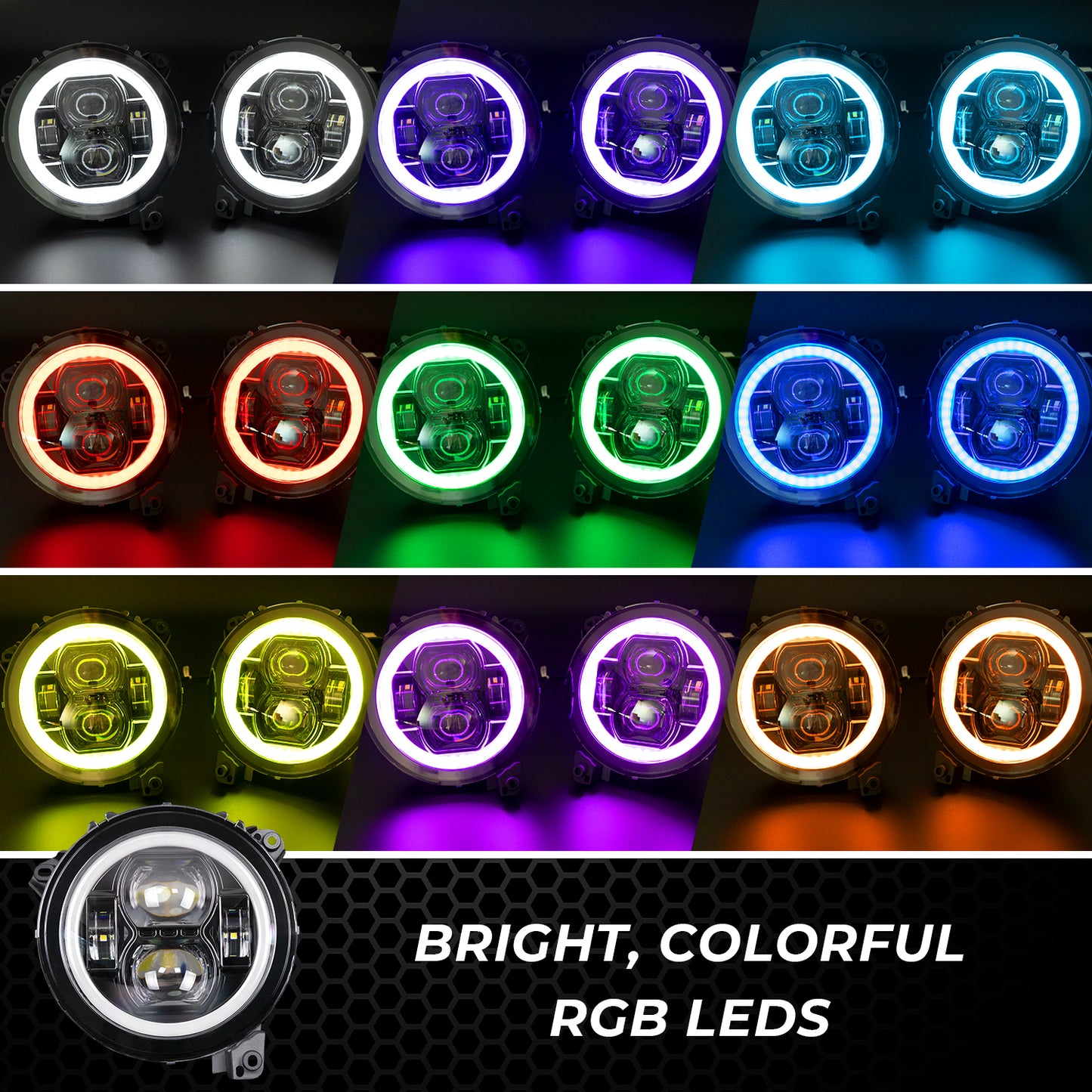 Wrangler JL 9” Inch RGB LED Headlights with Bluetooth RGB halo for 2018 2023+ Wrangler JL Gladiator JT Accessories