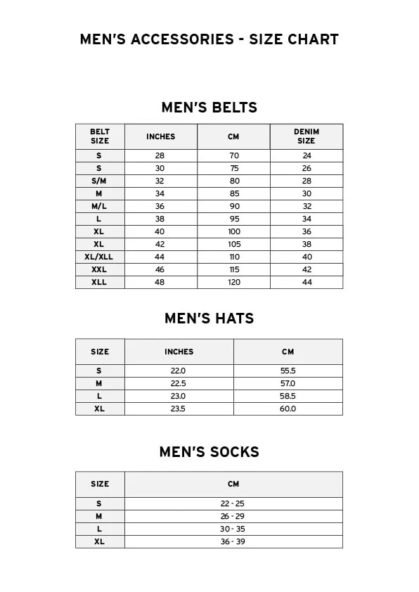 Accessories size chart