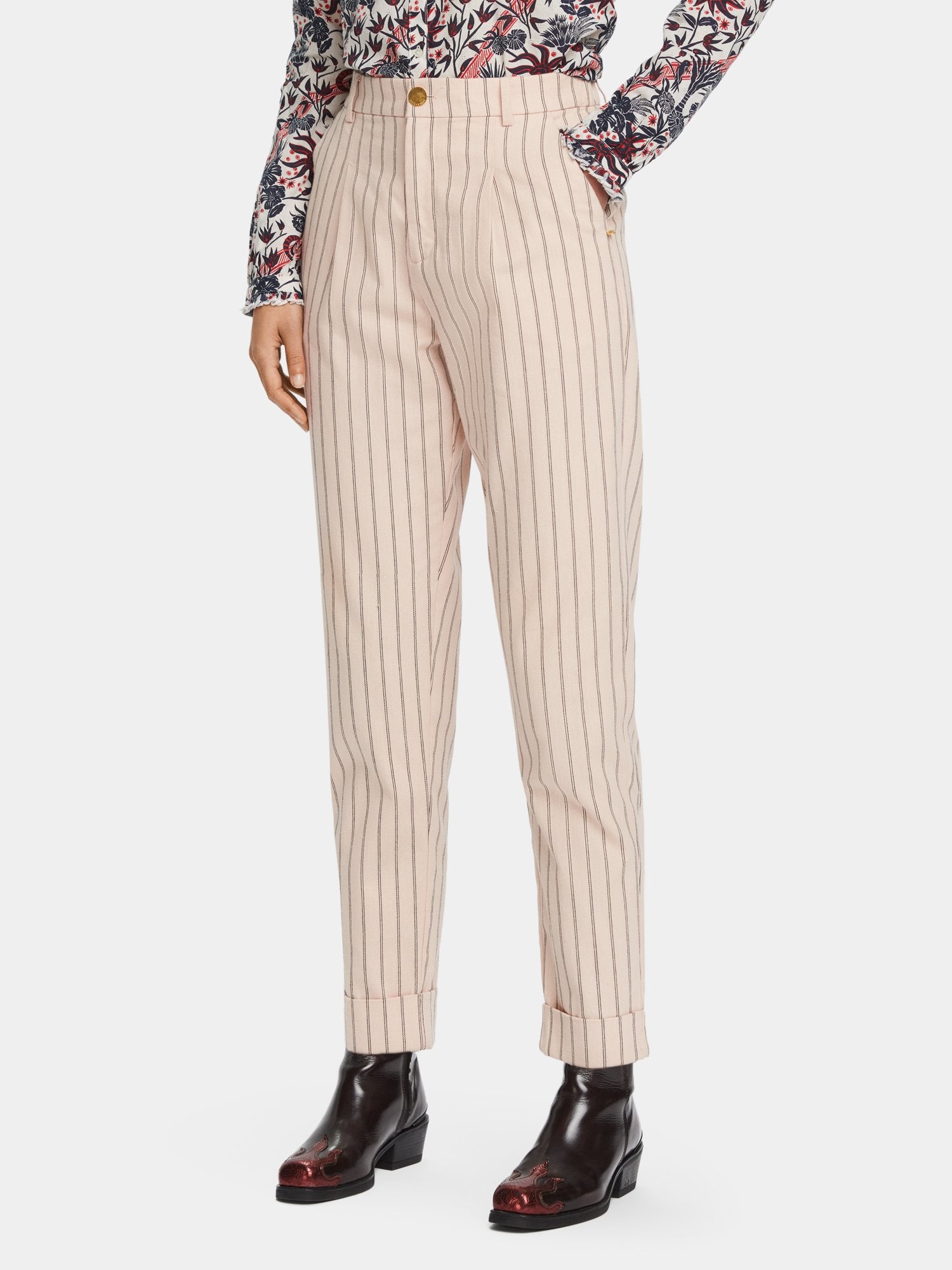 100% cotton high-rise straight leg striped pants - Scotch & Soda