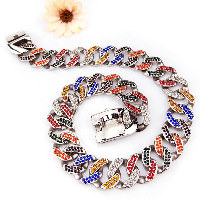 Silver Steel Multi-Color Diamond Casting Dog Collar and Leash