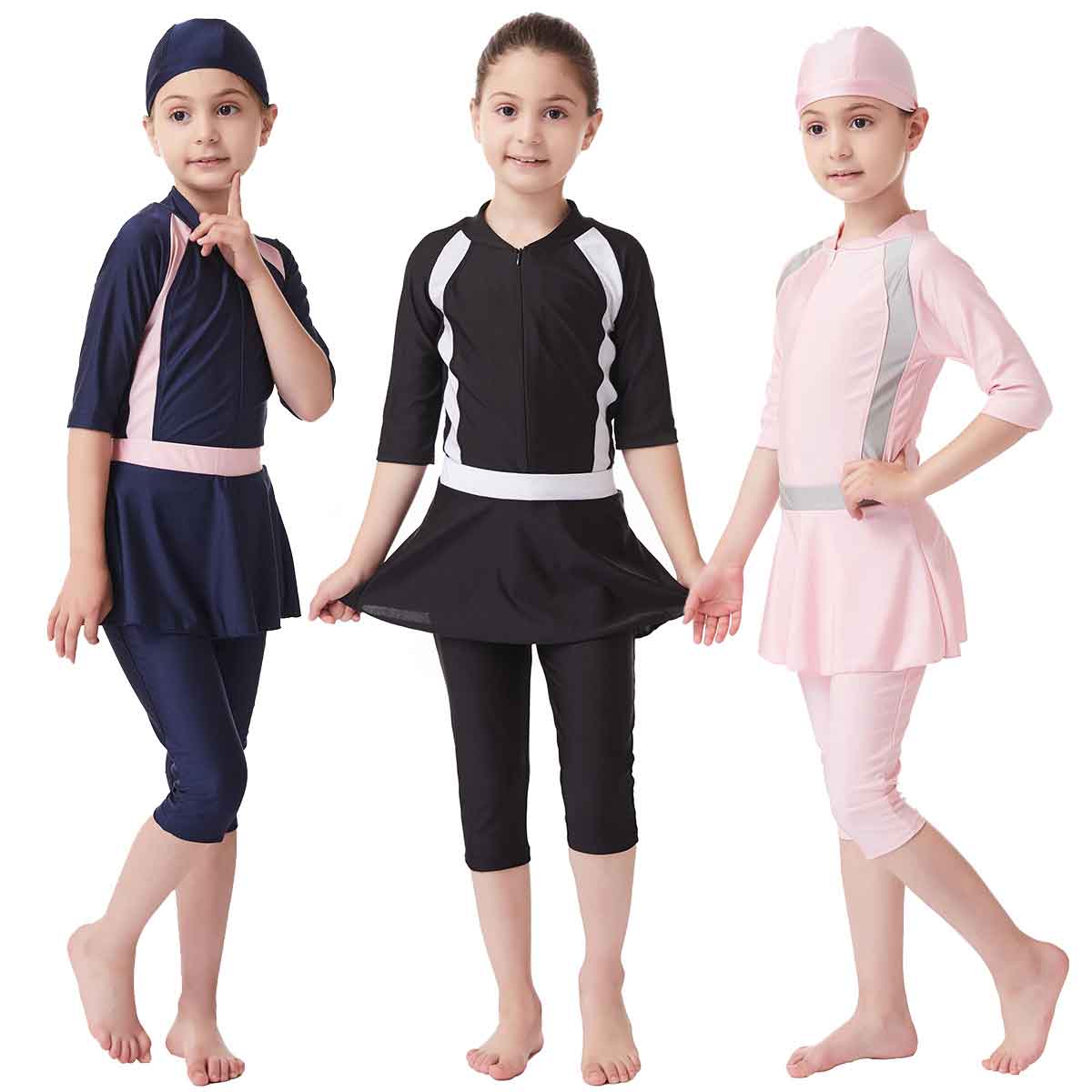 Kids Girls Modest Islamic Muslim Swimwear Short Sleeve Swimsuit Swimming Dress 