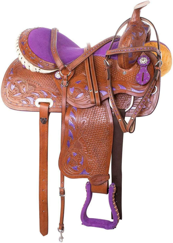 Free Matching Leather Headstall Breast Collar Reins RAJ INTERNATIONAL Premium Leather Western Barrel Racing Adult Horse Saddle Tack Size 14 to 18 Inches Seat Available 