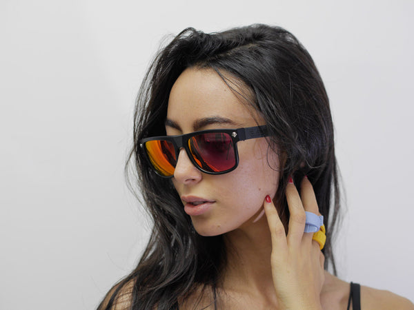 Model wearing beandit sunglasses with arms as rings