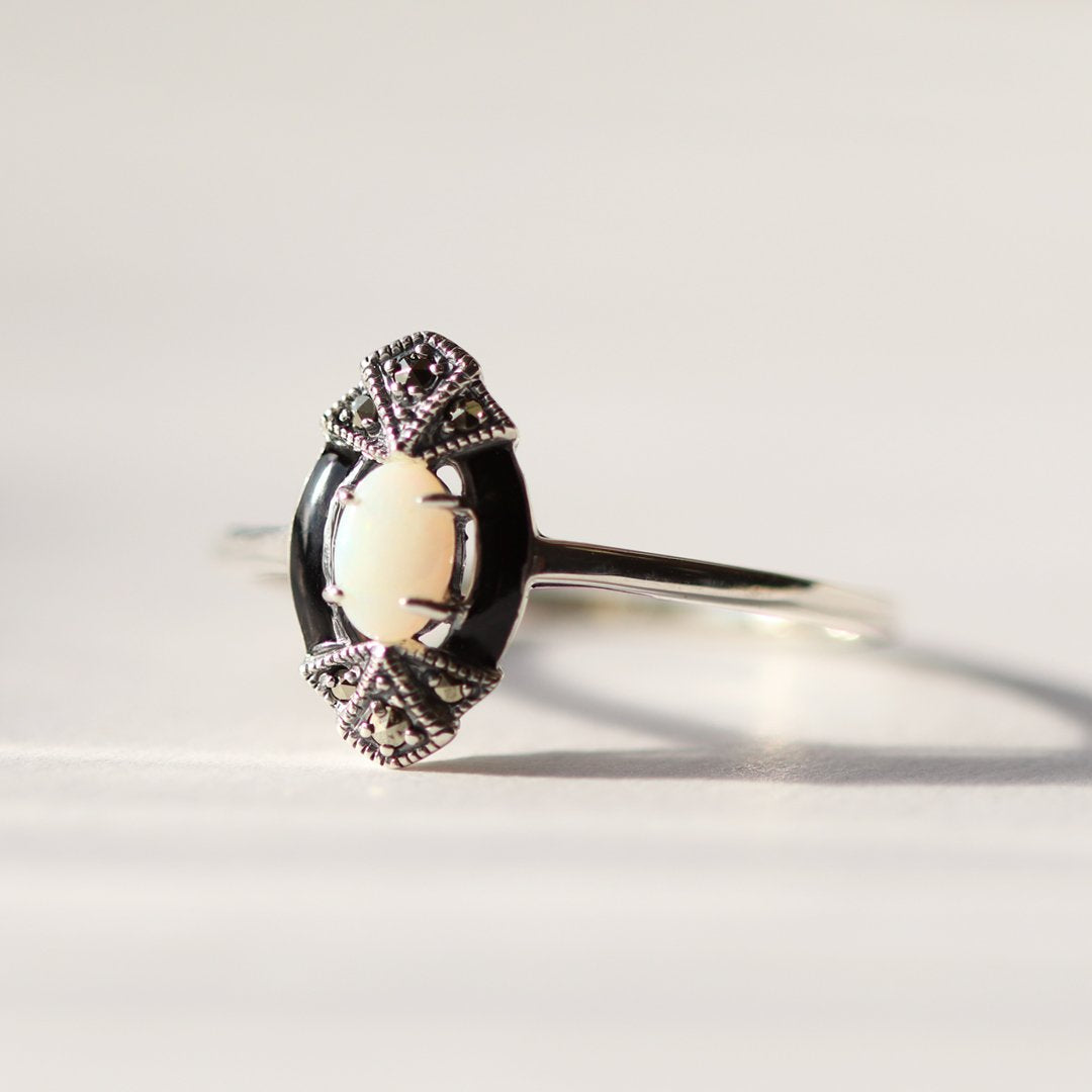 Gemondo Sterling Silver 0.26ct Opal & Marcasite Art Deco Ring 
