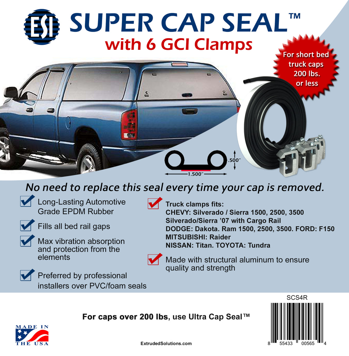 Extruded Solutions ESI Super Cap Seal and 4 G-1 Clamps for Short Bed Pickup 