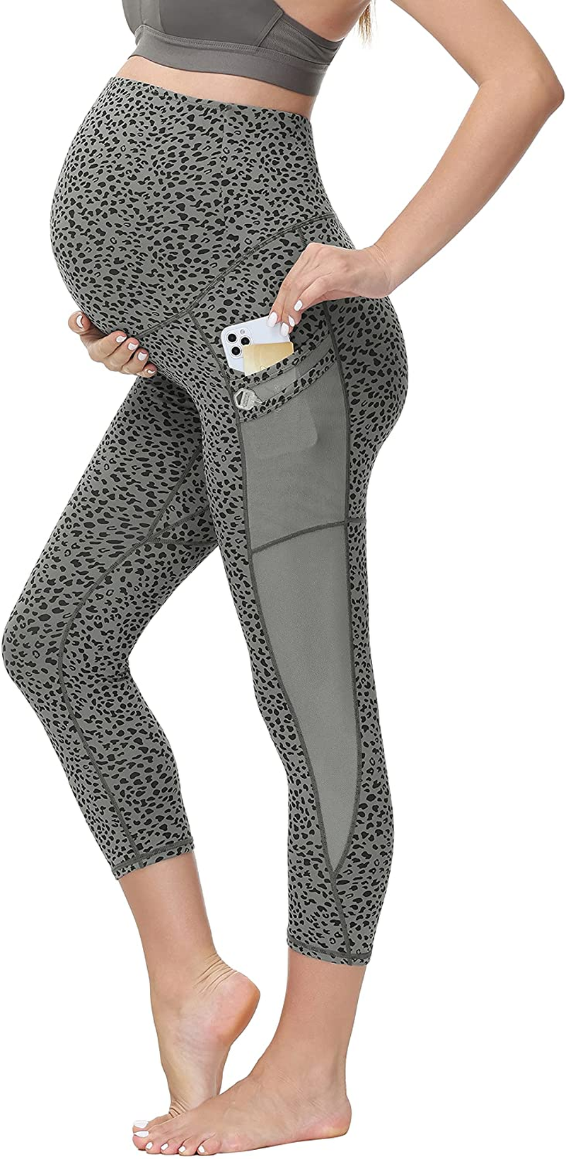 Maacie Maternity Yoga Pants with 3 Layers Pockets Mesh Patchwork Sports Capris Leggings 