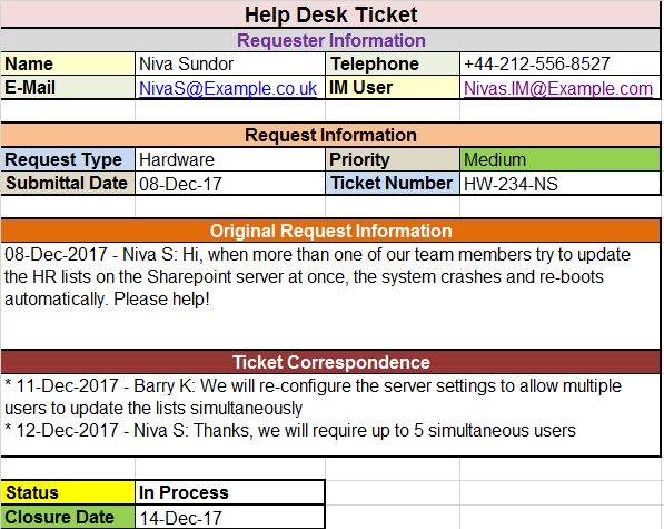 Help Desk Ticket Template Excel Free Download