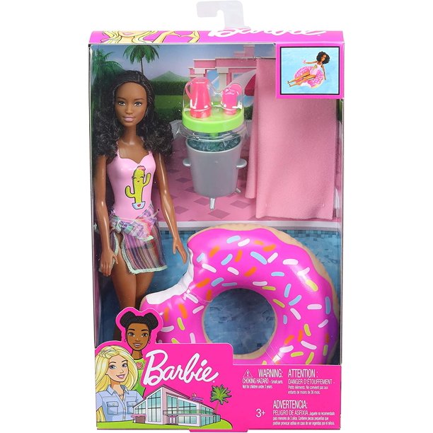 Black Barbie Doll And Doughnut Inner Tube Swimming Pool Accessories Playset - Friendly Toy Box