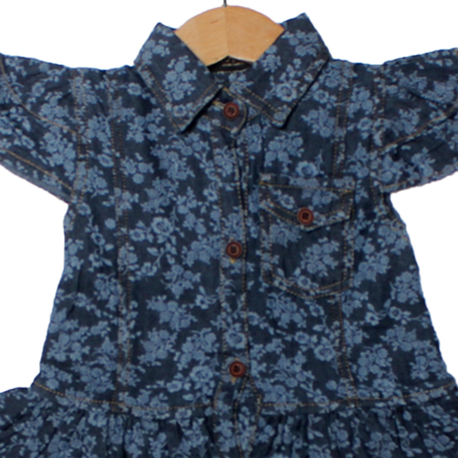 NEW DENIM BLUE FLOWERS PRINTED FROCK FOR GIRLS