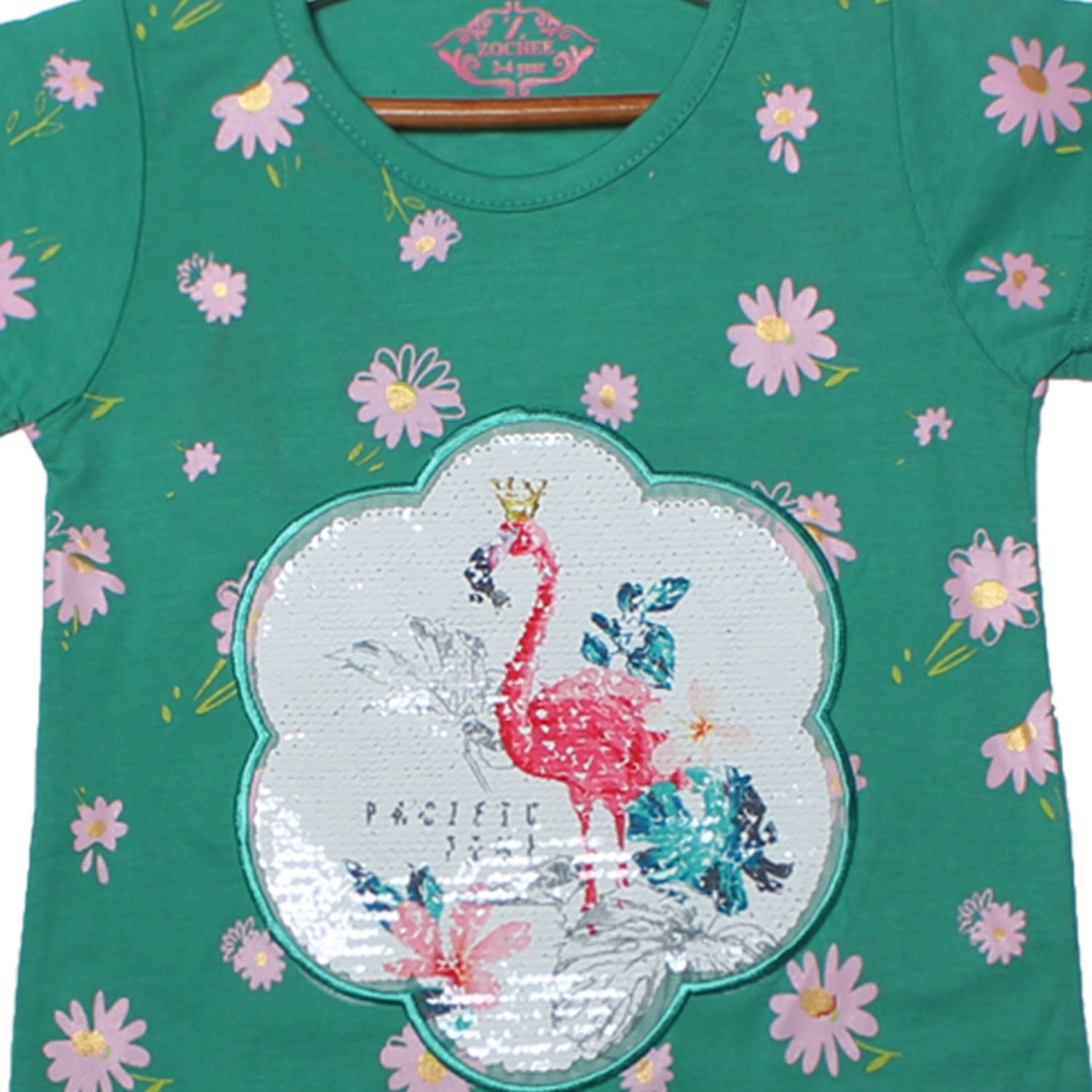 NEW GREEN FLOWER PATCH PRINTED T-SHIRT TOP FOR GIRLS