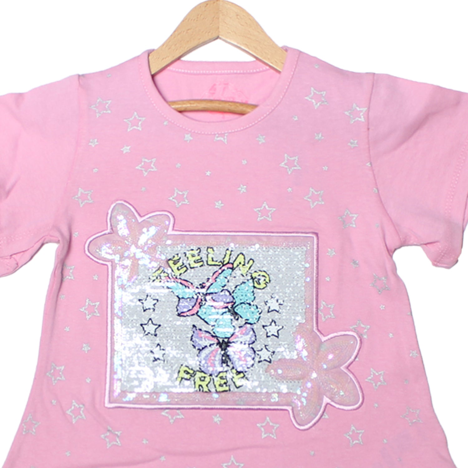 NEW PINK BUTTERFLY PATCH PRINTED T-SHIRT TOP FOR GIRLS