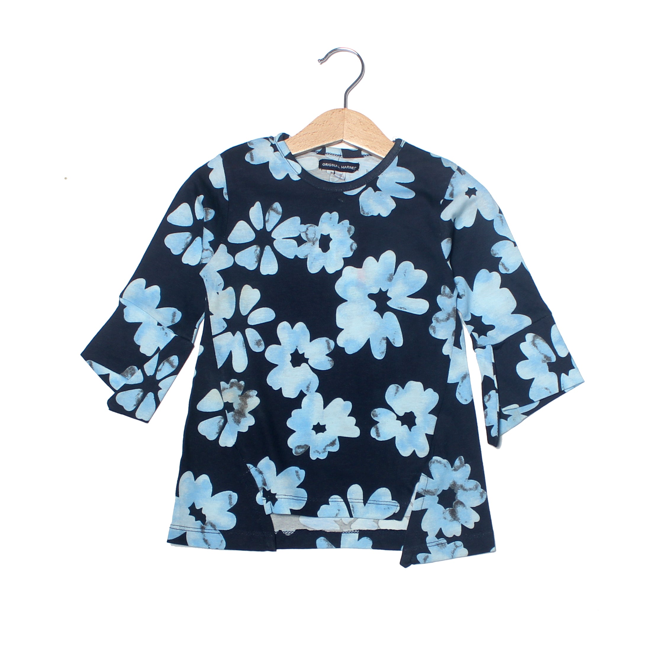 Navy Blue with Light Blue Flowes Printed Full Sleeves T-shirt for Girls