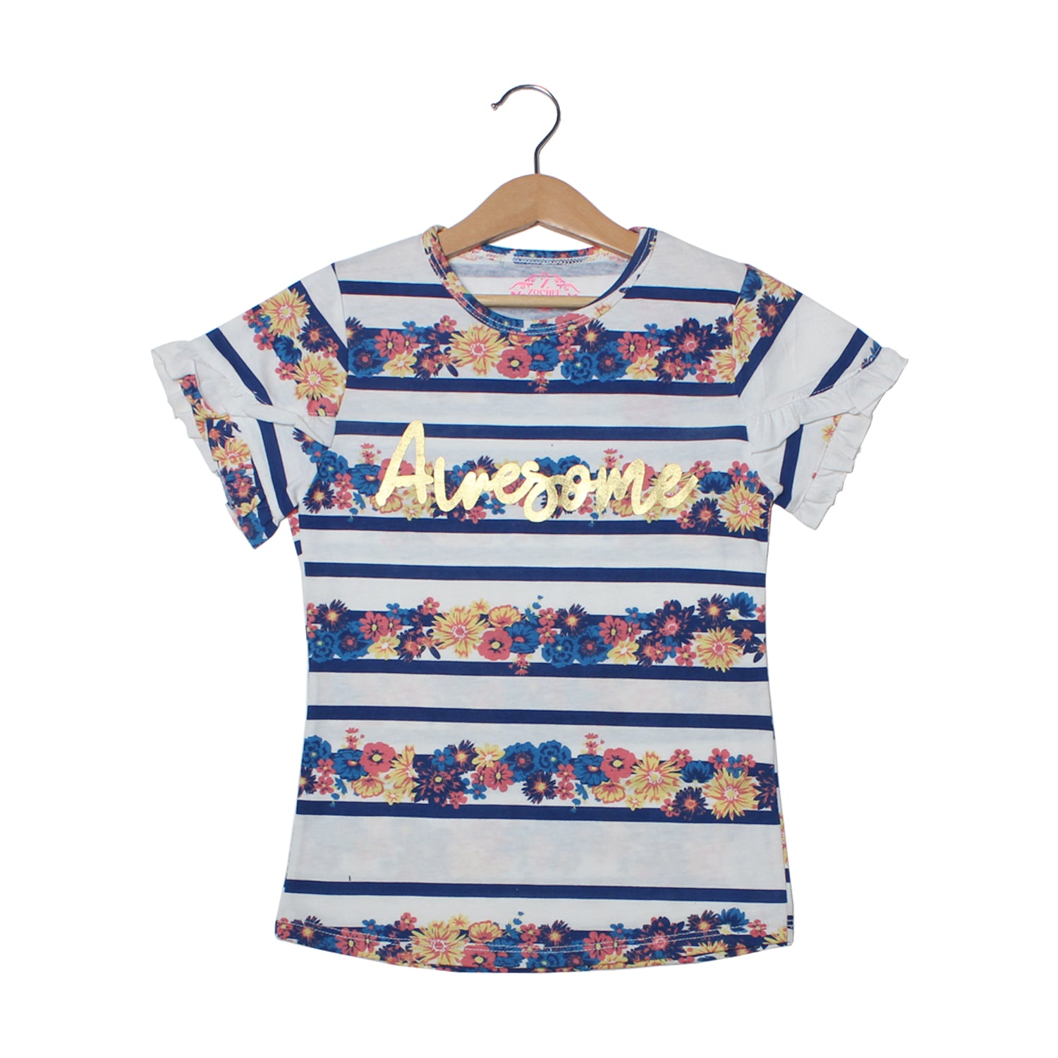 NEW WHITE WITH STRIPES AWESOME FLOWERS PRINTED T-SHIRT