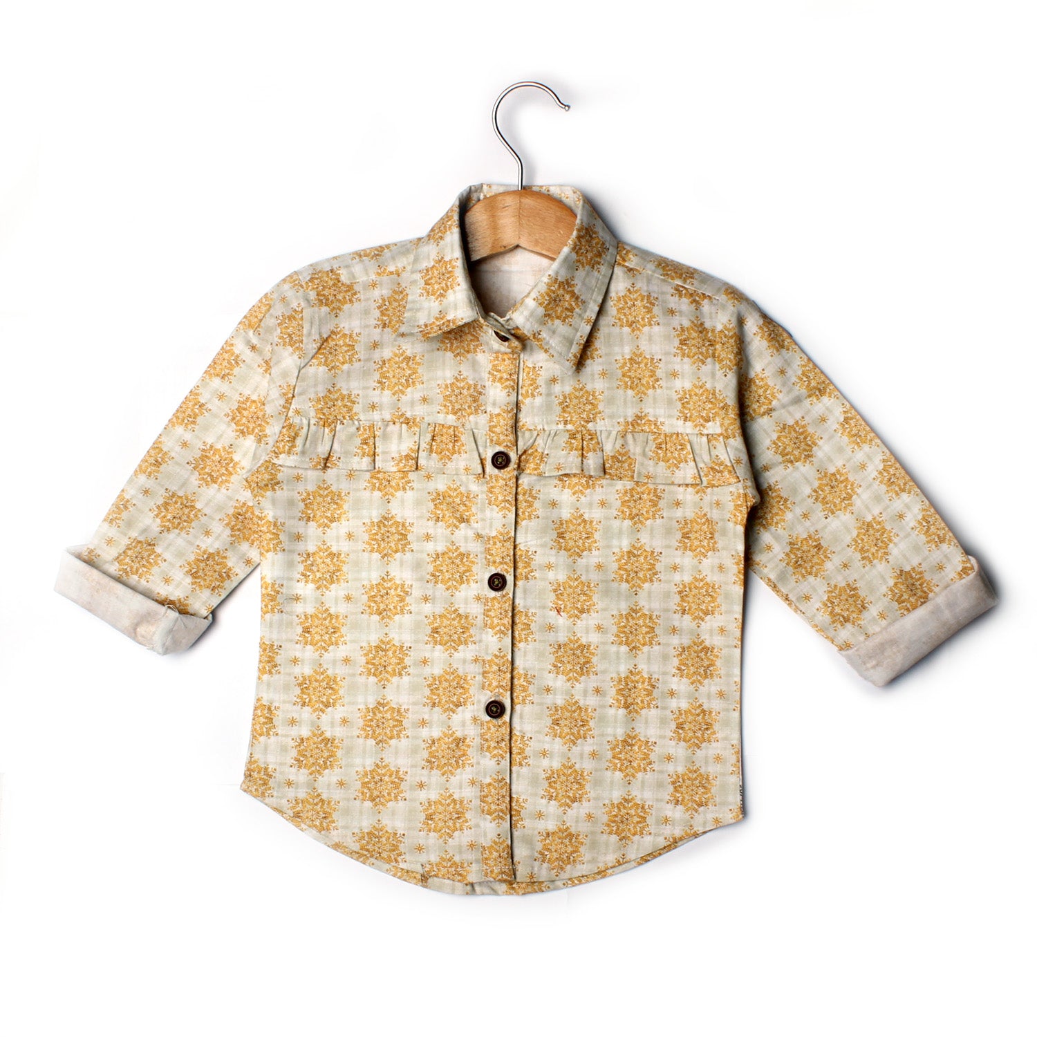 CREAM WITH GOLDEN LEAF PRINTED CASUAL SHIRT FOR GIRLS