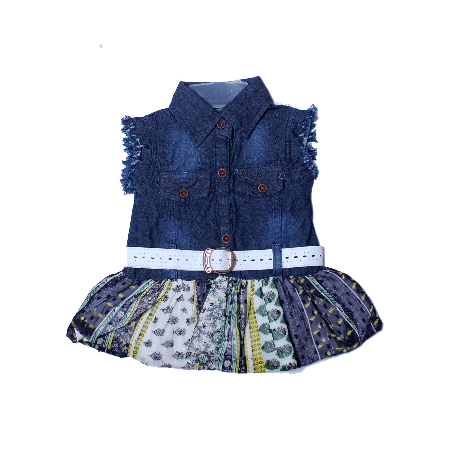 NEW DARK BLUE DOUBLE POCKET WITH BELT & MULTI FROCK FOR GIRLS
