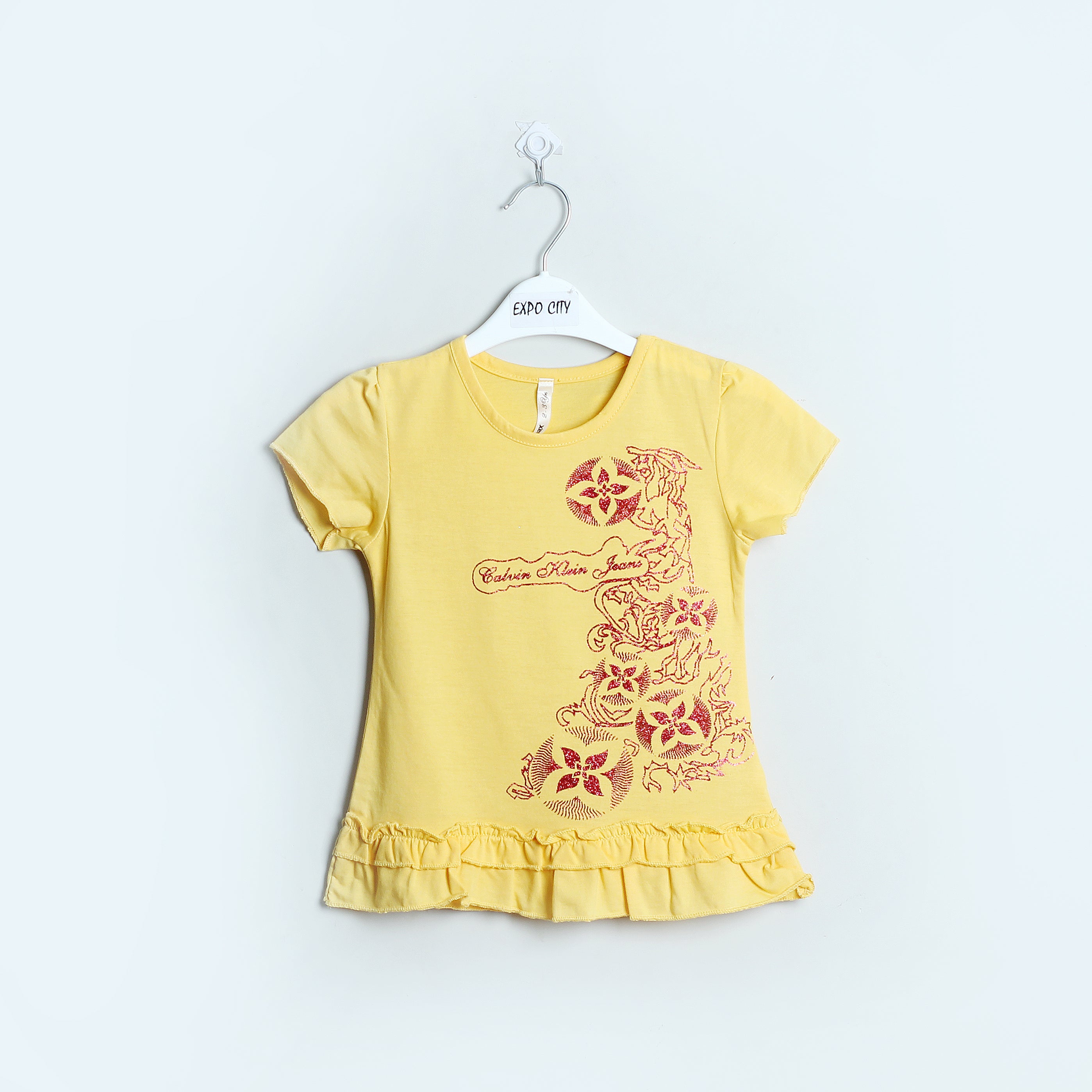 YELLOW WITH RED PRINTED T-SHIRT TOP FOR GIRLS