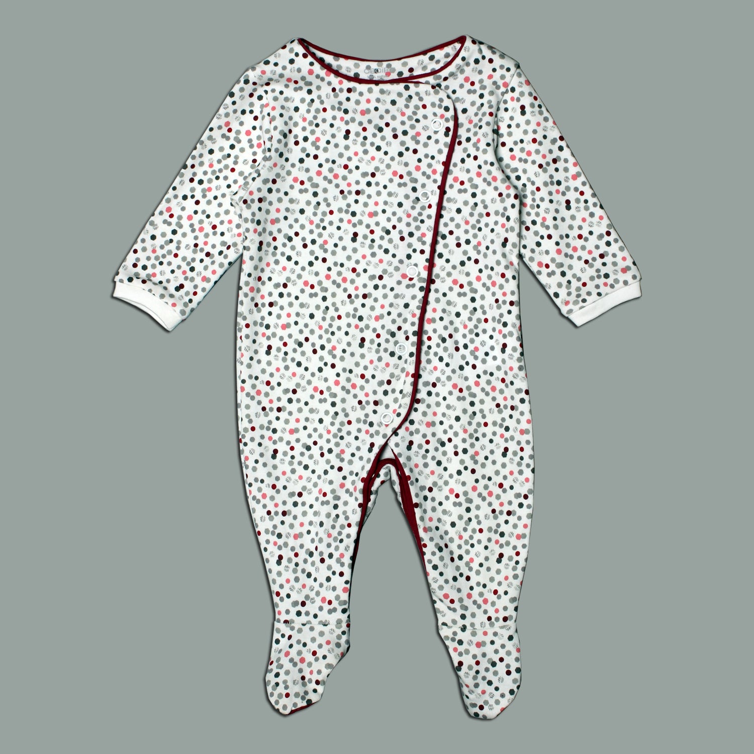 WHITE WITH GREY & PINK DOTS FULL BODY FULL SLEEVES ROMPERS