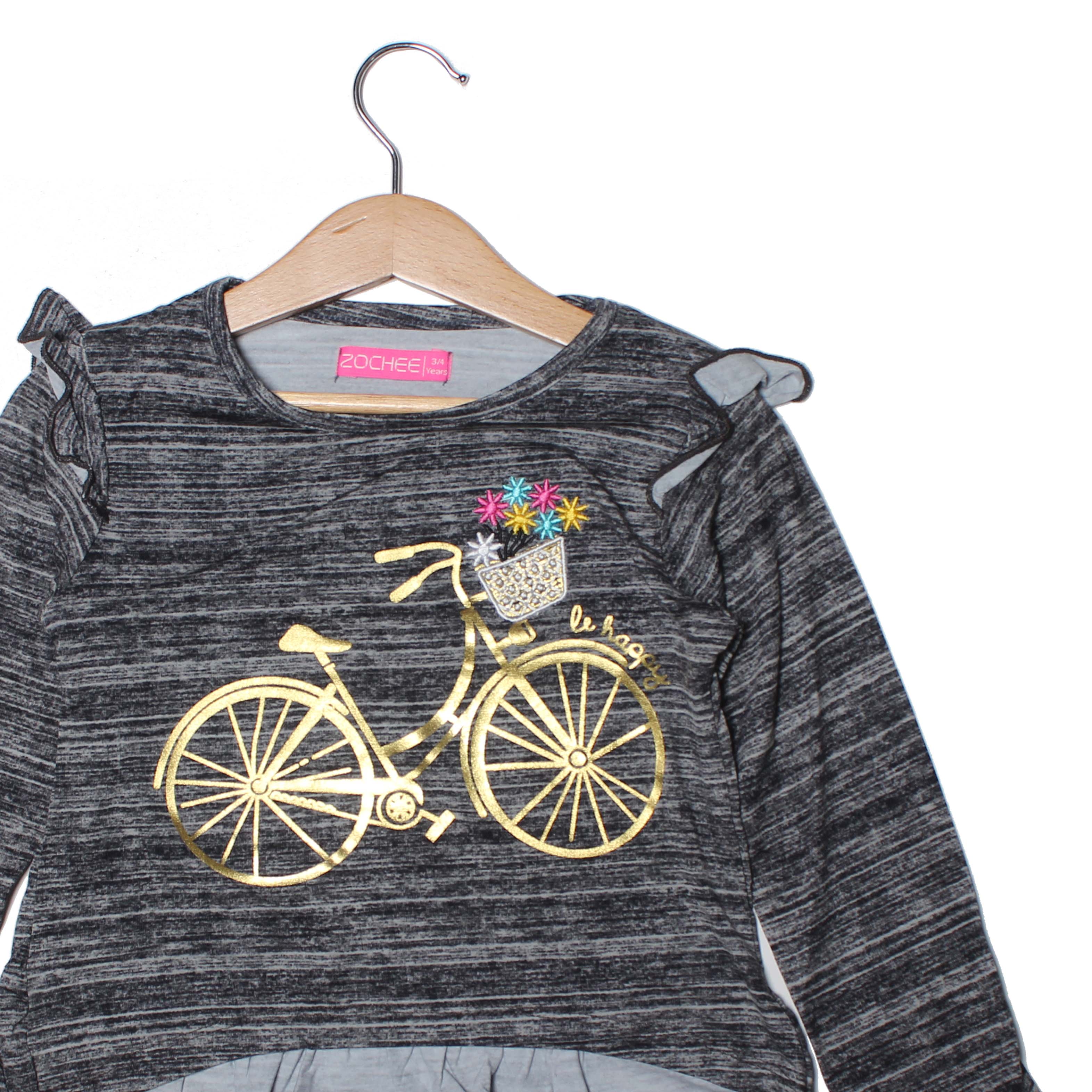 NEW CHARCOAL GREY CYCLE PRINTED T-SHIRT TOP FOR GIRLS
