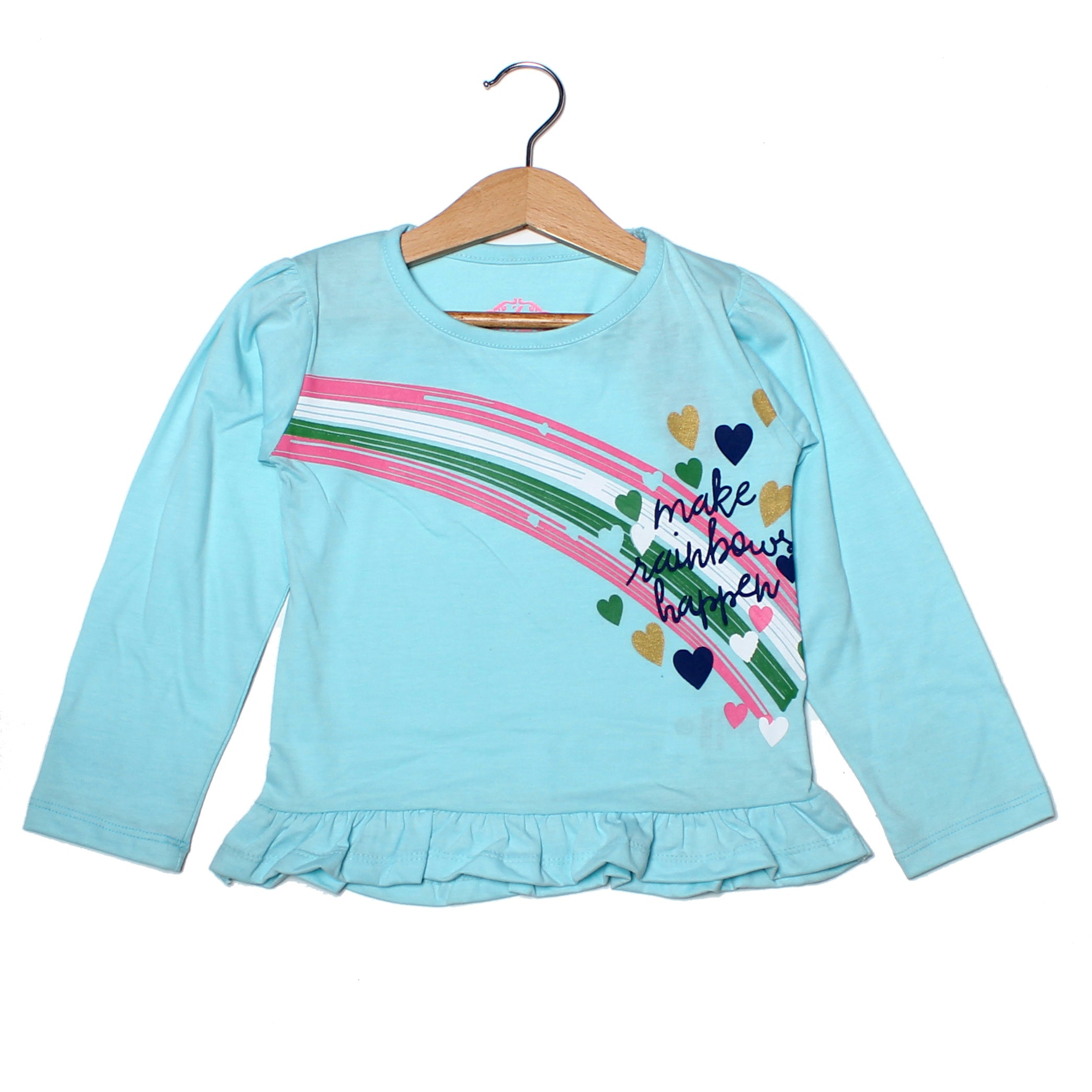 NEW SKY BLUE MAKE RAINBOWS PRINTED T-SHIRT TOP FOR GIRLS