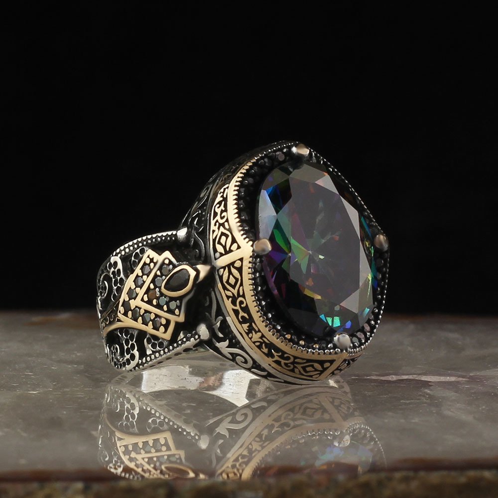 Turkish Handmade Jewelry 925 Sterling Silver Emerald Stone Men Ring Sz 12