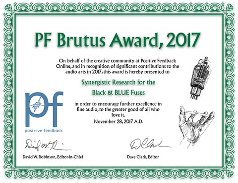 Positive Feedback's Brutus Award 2017 for Synergistic Research's BLUE Quantum Fuse