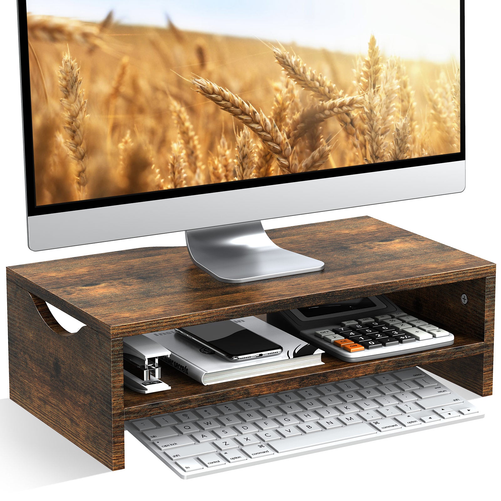 2-Tier Wood Computer Monitor Riser Stand w/ Organizer Shelf 