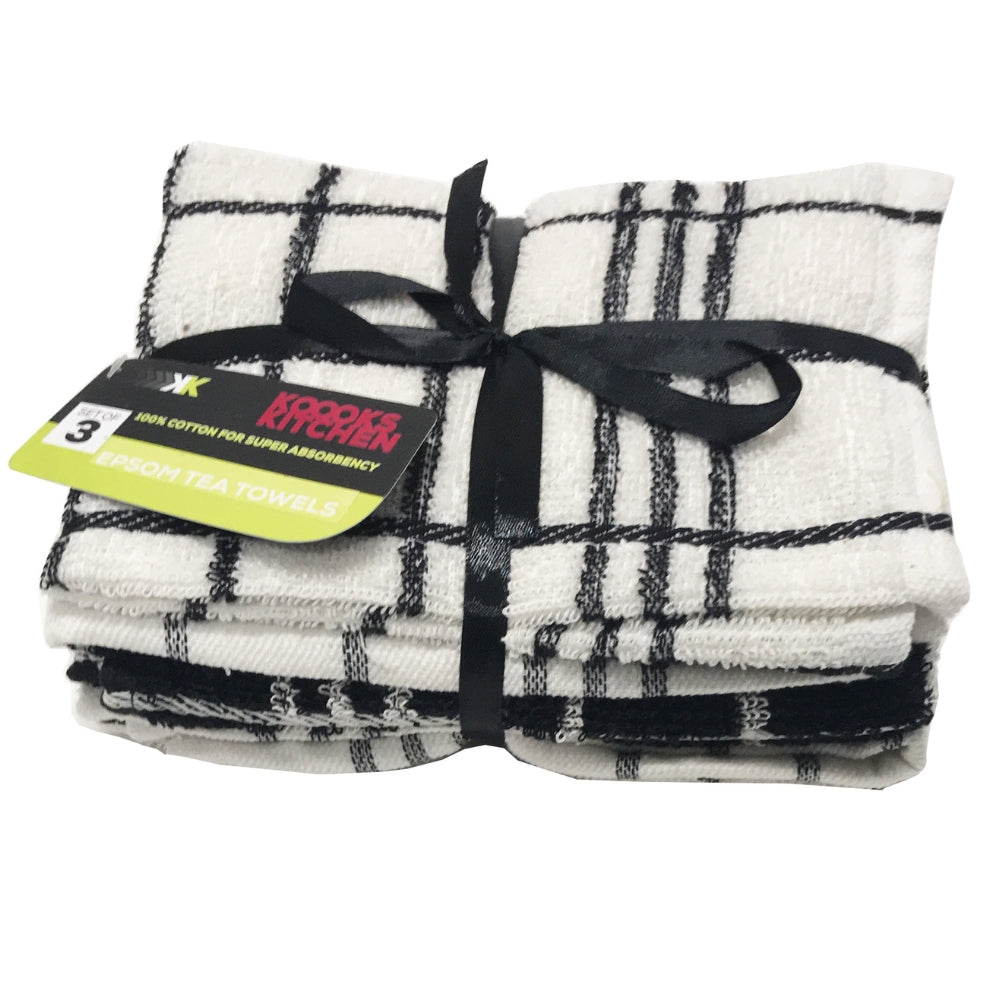 Kooks Kitchen Tea Towels Pack of 3 Epsom - Black & White  | TJ Hughes
