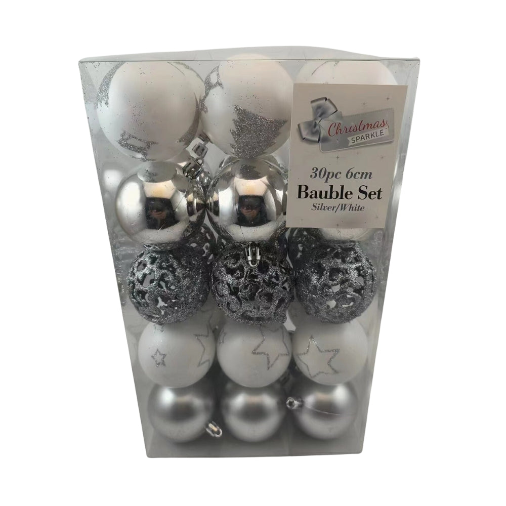 Christmas Sparkle Bauble Box of 30 - Silver & White  | TJ Hughes