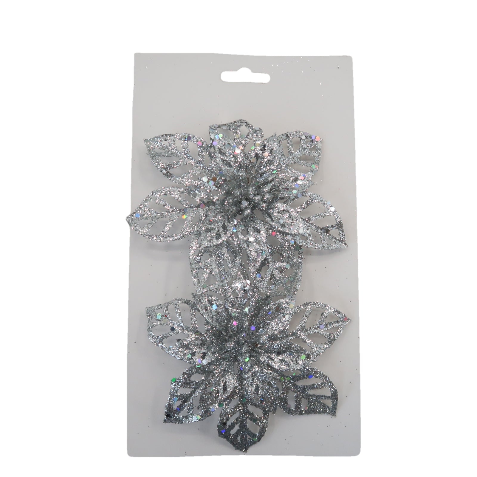 Christmas Sparkle Glitter Poinsettia Decoration 13cm with Clips Pack of 2 - Silver  | TJ Hughes