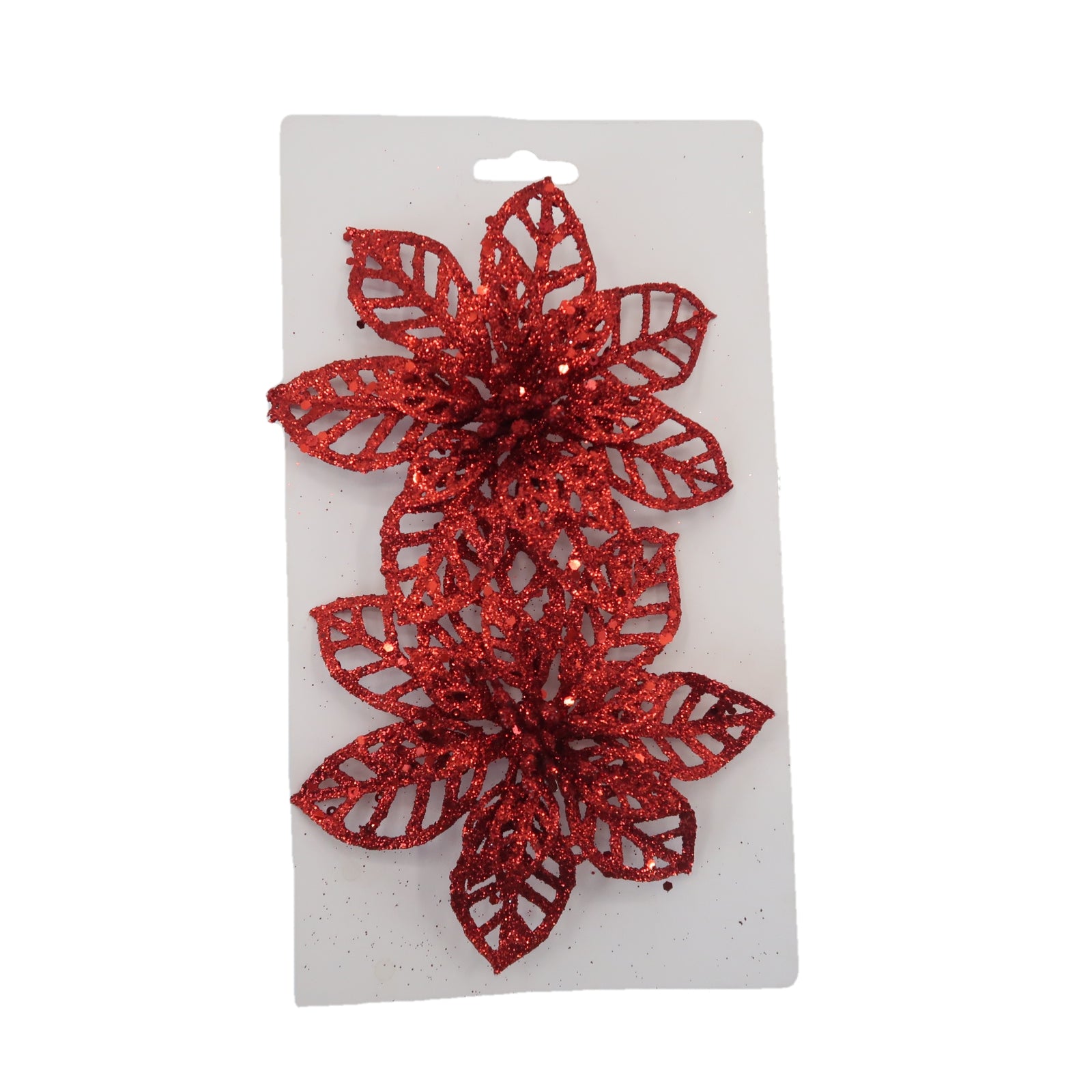 Christmas Sparkle Glitter Poinsettia Decoration 13cm with Clips Pack of 2 - Red  | TJ Hughes