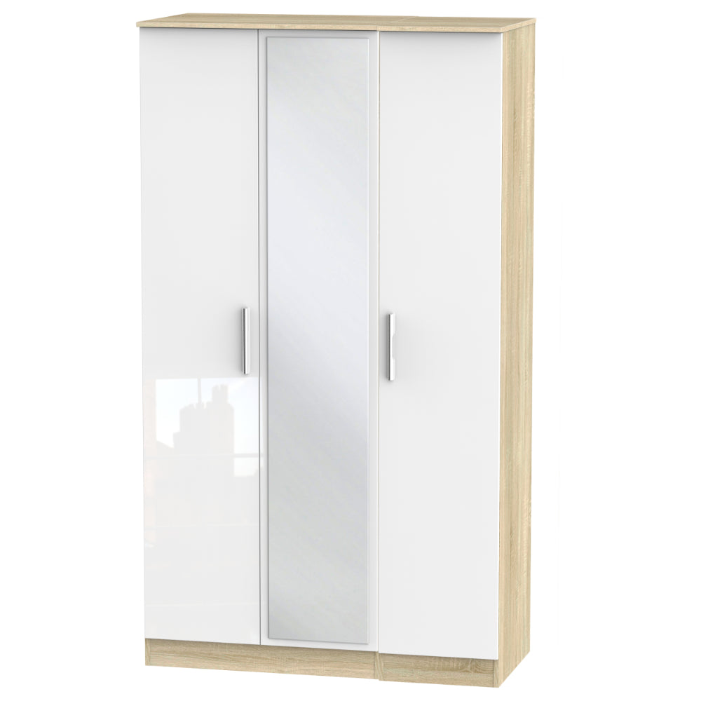 Copenhagen Ready Assembled Wardrobe with Triple Mirror  - White Gloss & Bardolino Oak - Lewis’s Home  | TJ Hughes