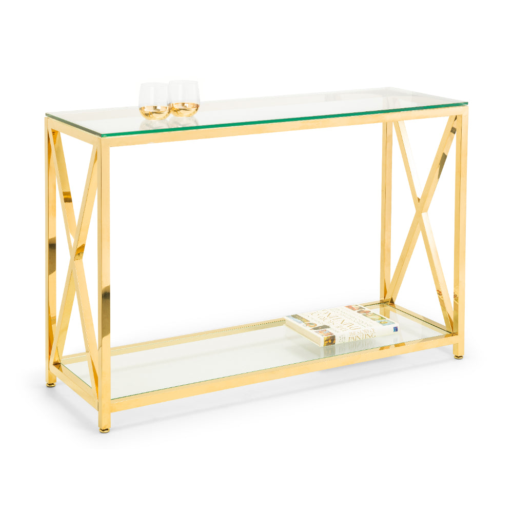 Miami Console Table 1.2m - Glass & Gold - Julian Bowen  | TJ Hughes