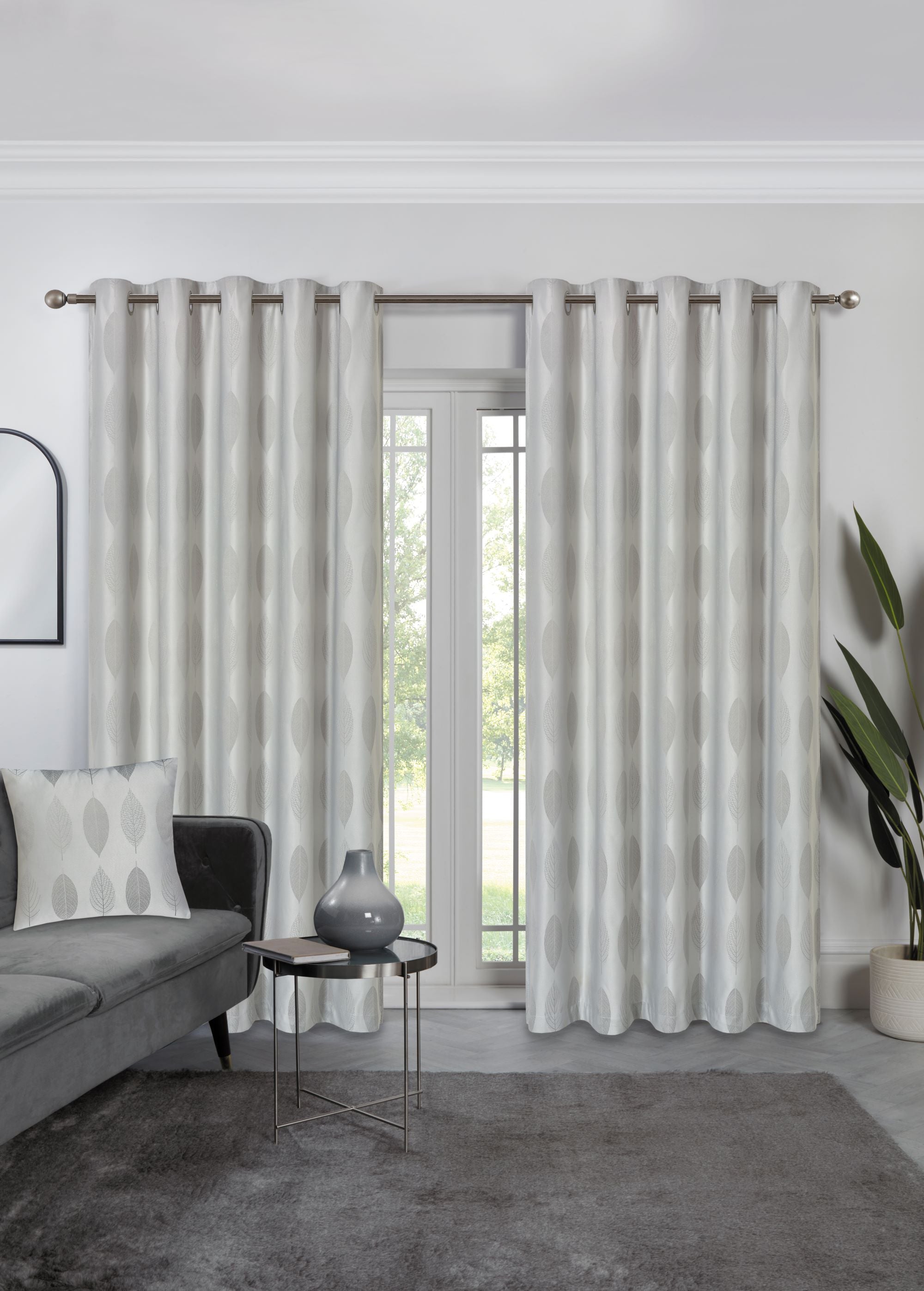 Lewis’s Silver Leaf Eyelet Curtains - Silver - 90X90  | TJ Hughes