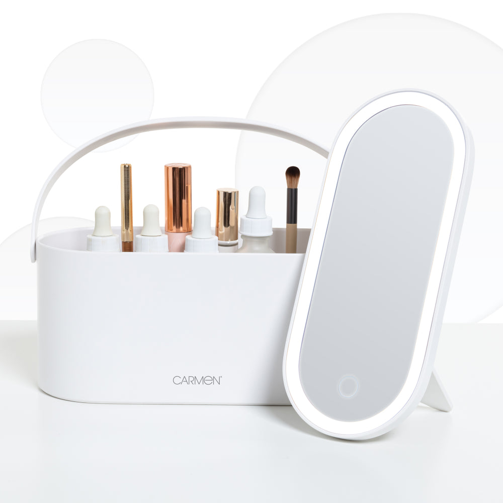 Carmen Mirror with LEDs & Cosmetic Storage  - White  | TJ Hughes