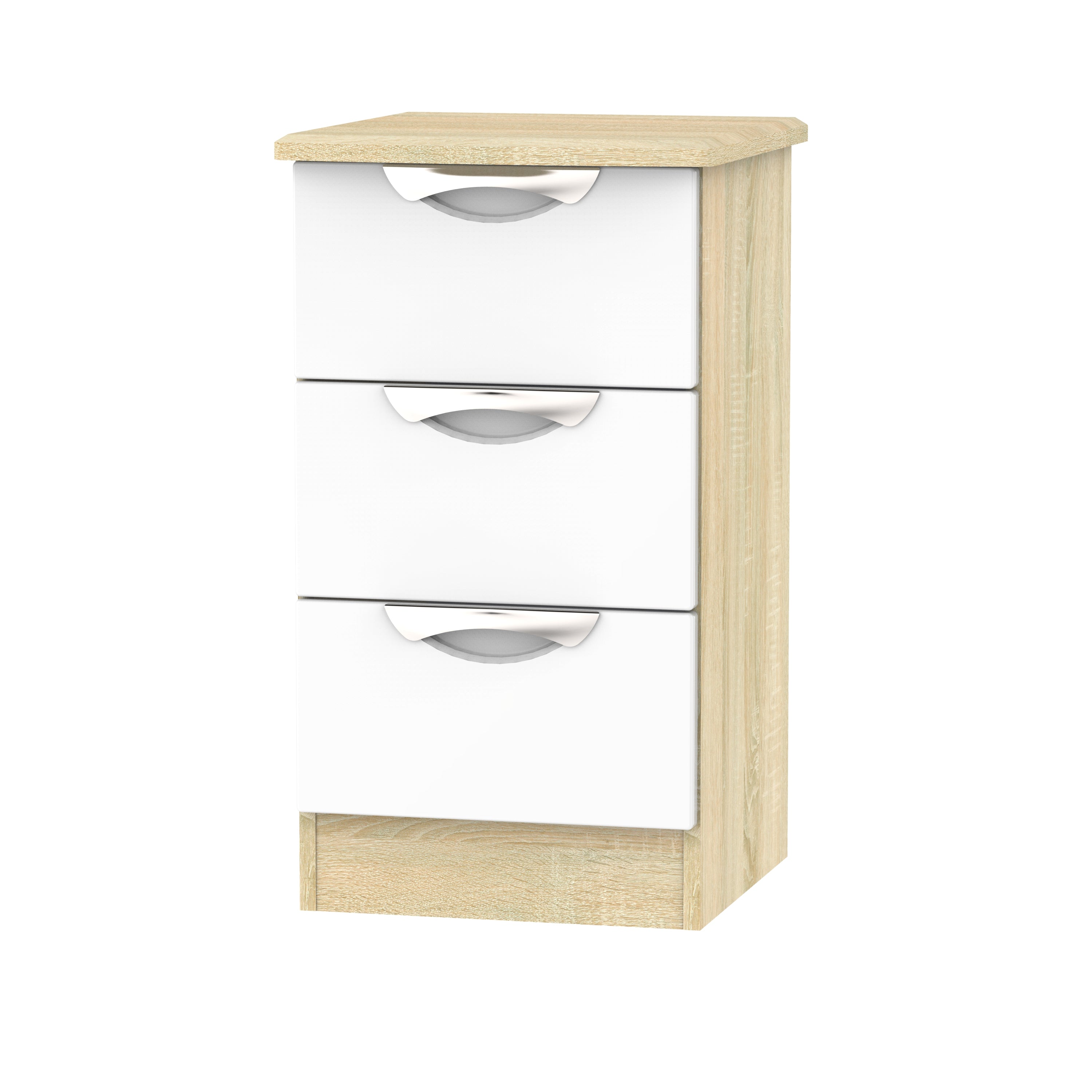 Cairo Ready Assembled Bedside Table with 3 Drawers  - White Gloss & Bardolino Oak - Lewis’s Home  | TJ Hughes