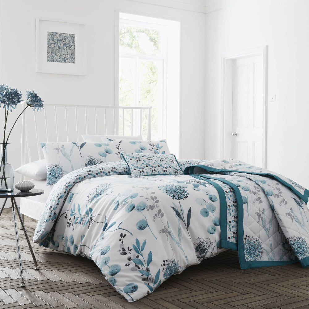 Lewis’s Inky Floral T200 Duvet Set - Teal - Double  | TJ Hughes Green