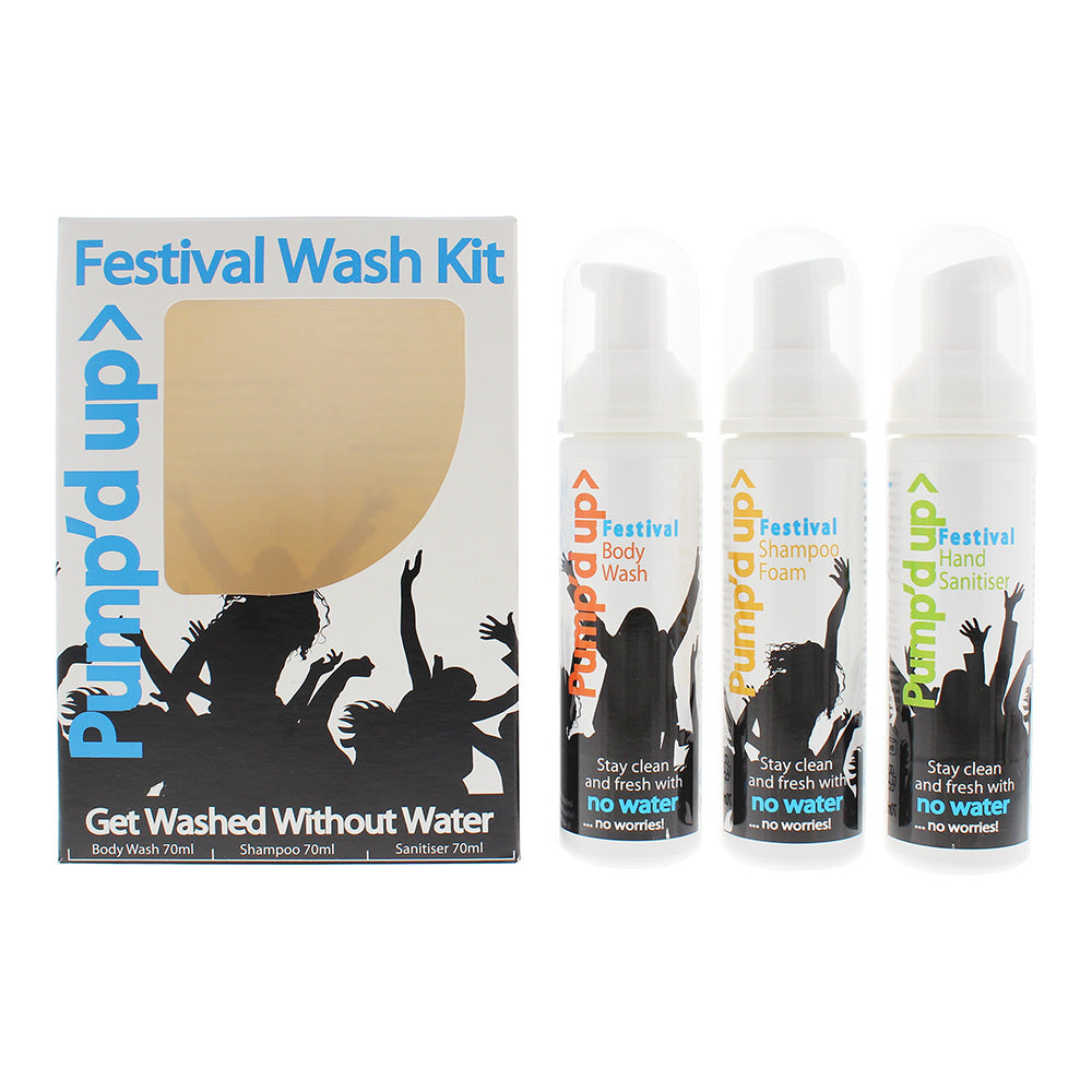 Pump’d Up Festival Wash Kit 3 Pieces Gift Set : Body Wash 70ml - Shampoo 70ml - Sanitiser 70ml  | TJ Hughes