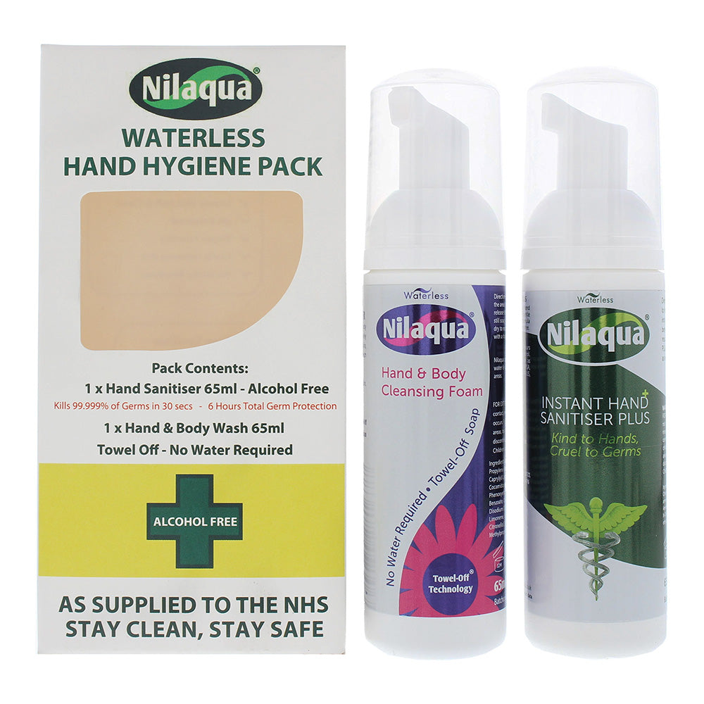 Nilaqua Waterless Hand Hygiene Pack 2 Piece Gift Set: Hand Sanitiser 65ml - Hand & Body Wash 65ml  | TJ Hughes