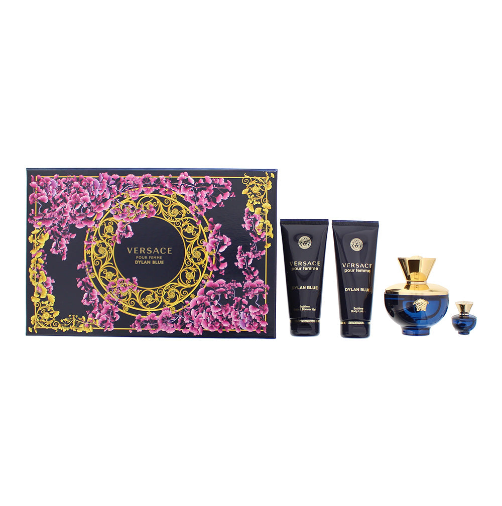 Versace Pour Femme Dylan Blue 4 Piece Gift Set: Eau De Parfum 100ml - Shower Gel 100ml - Body Lotion 100ml - Eau De Parfum 5ml  | TJ Hughes