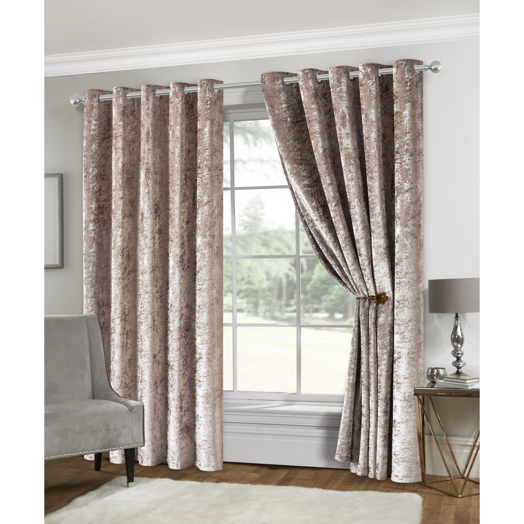 Lewis’s Amelia Crushed Velvet Eyelet Curtains - Mink - 117cm (46") X 137cm (54")  | TJ Hughes