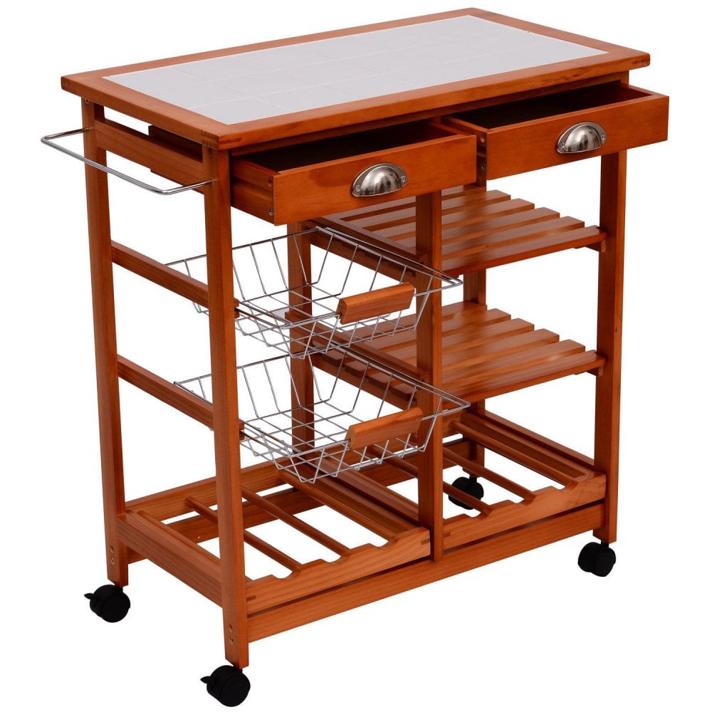 HOMCOM Wooden Kitchen Trolley Cart Portable Rolling Tile Top W/6-Bottle Wine Rack Island Butcher Fruit Storage Drawer  | TJ Hughes