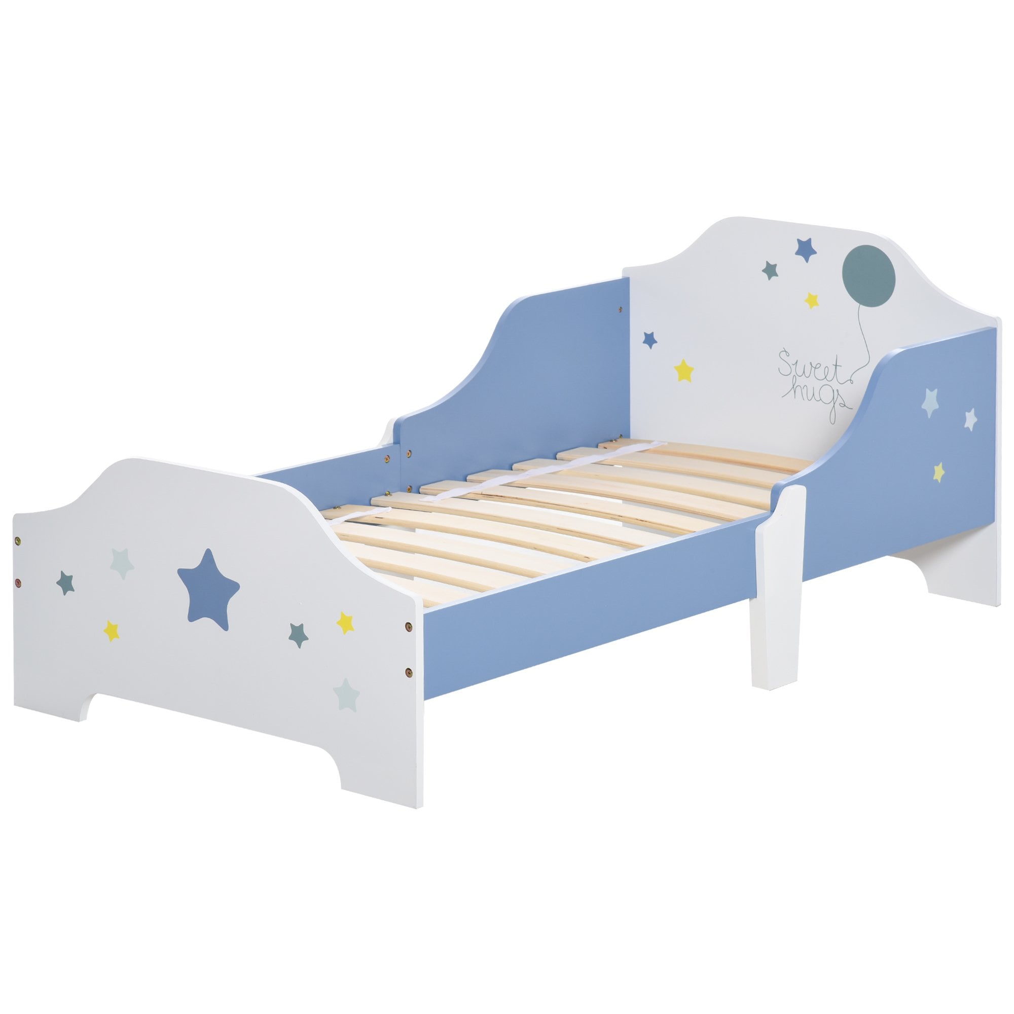 Kids Toddler Wooden Bed Round Edged with Guardrails Stars Image 143 x 74 x 59 cm Blue 59cm  | TJ Hughes