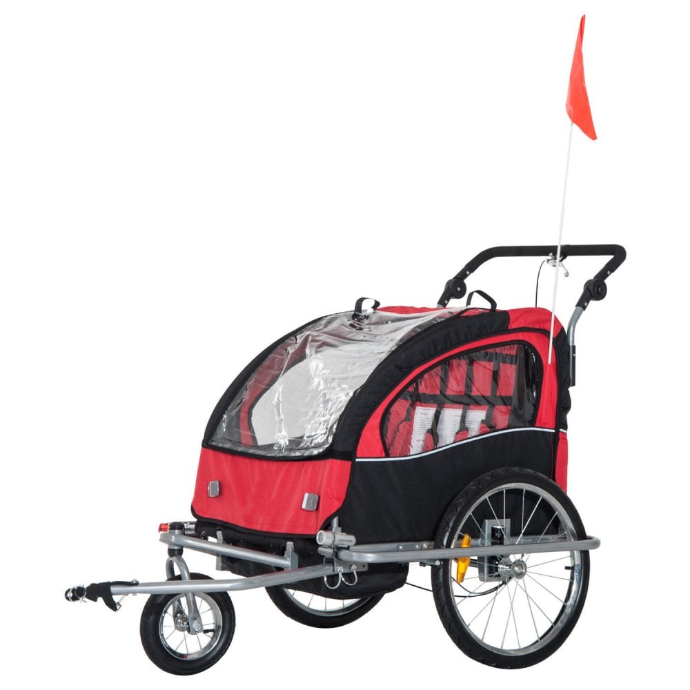Child Cycle Trailer 2 Seater Black and Red 2 in 1 Multifunctional Bicycle Carrier Baby Stroller Jogger Kit Steel Frame - Alpine Spirit  | TJ Hughes