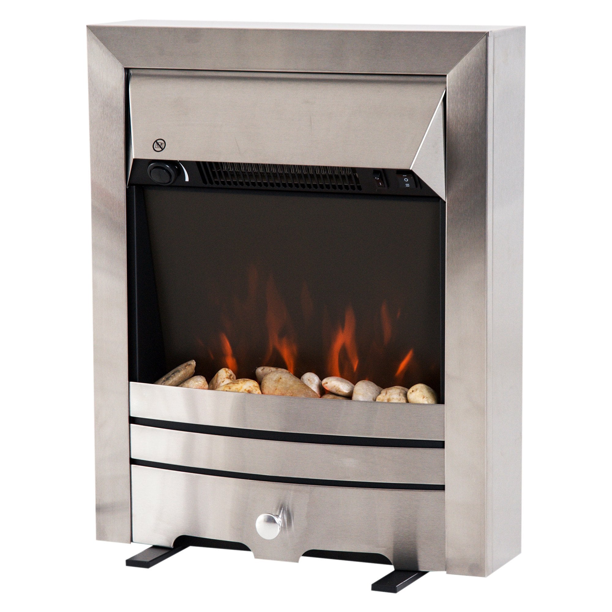 HOMCOM LED Flame Electric Fire Place-Stainless Steel 2KW Pebble Burning Effect Heater Indoor Stove Lighting  | TJ Hughes