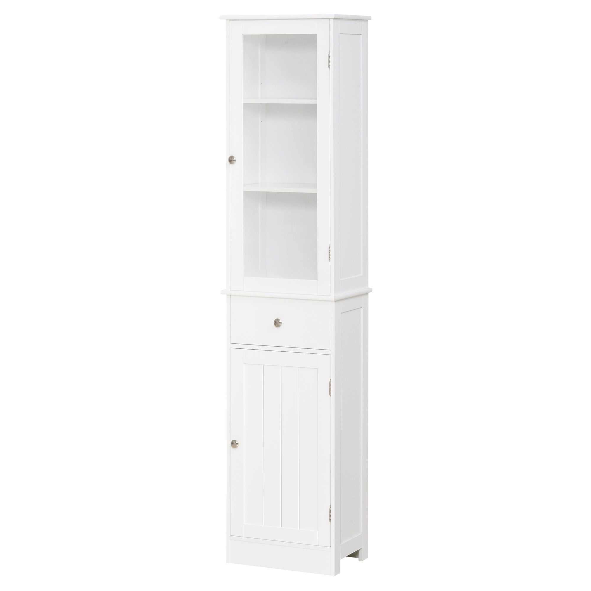 kleankin Bathroom Storage Cabinet with 3-tier Shelf Drawer Glass Door - Floor Cabinet Free Standing Tall Slim Side Organizer Shelves - White Multiple